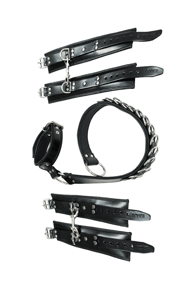 Leather D Ring Hog-Tie with Padded Wrist and Ankle Cuffs