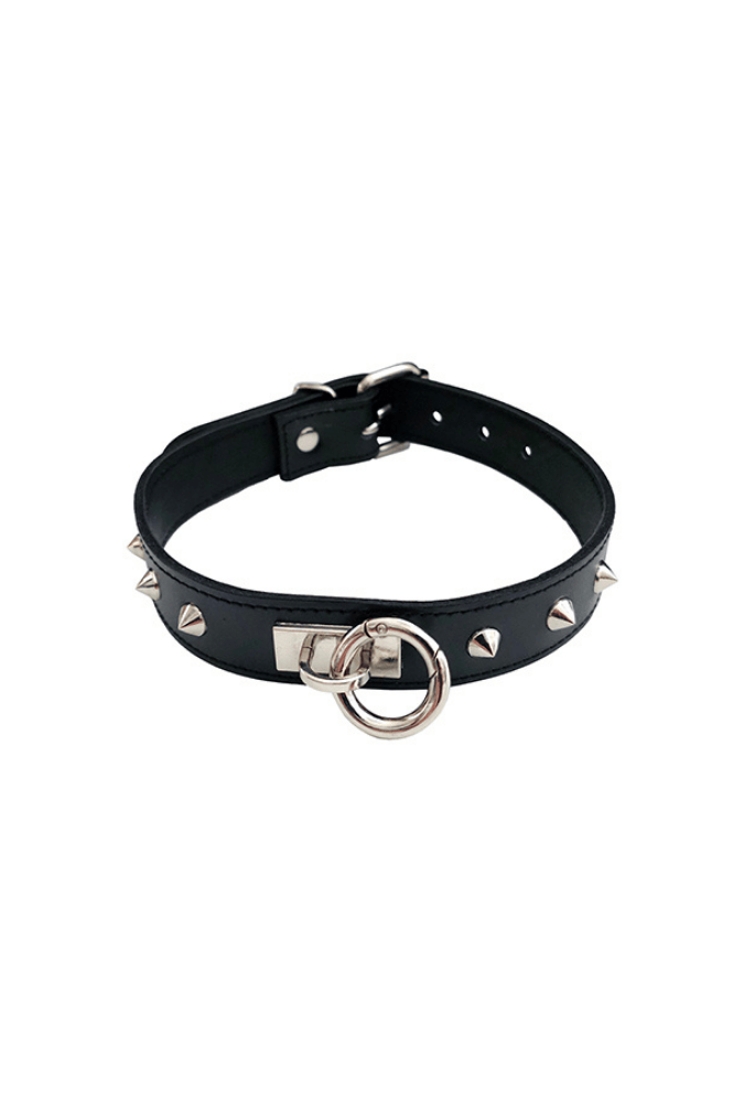 Leather O-Ring Studded Collar - ROUGE