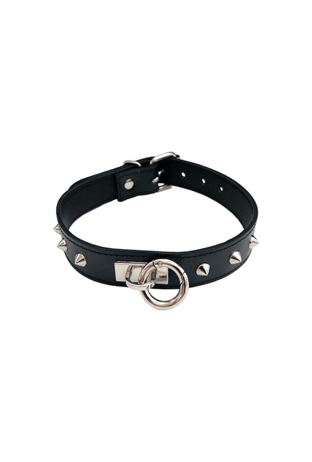 Leather O-Ring Studded Collar - ROUGE