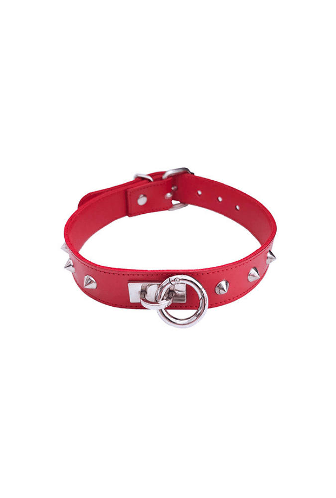 Leather O-Ring Studded Collar - ROUGE