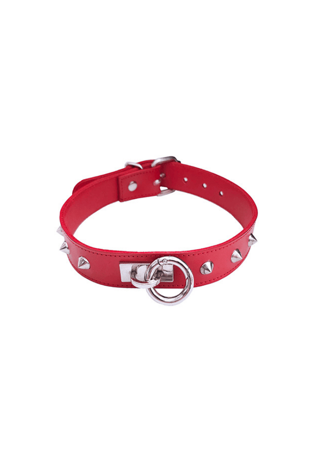 Leather O-Ring Studded Collar - ROUGE